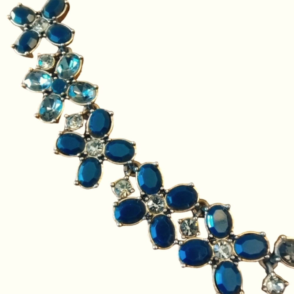 J. Crew Statement Necklace Floral Rhinestones Blue Antique Brass Toned